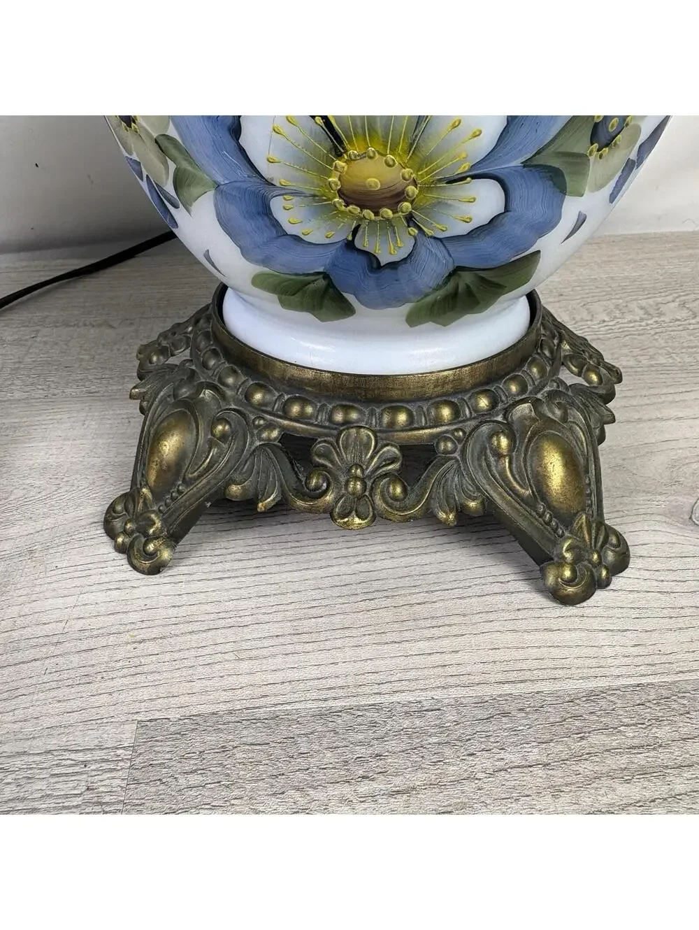 Vintage Pair of Blue Floral Milk Glass Table Lamps